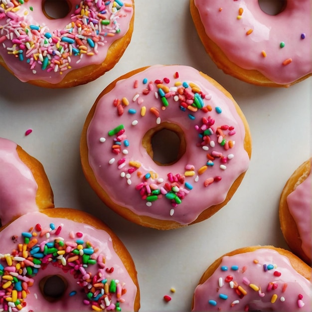 Donuts with pink icing and colorful sprinkles