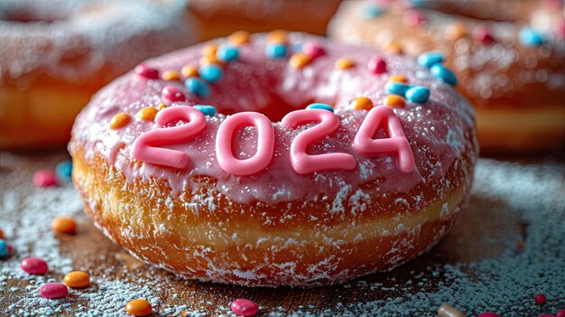 Donuts with pink icing and sprinkles on a 2024 background