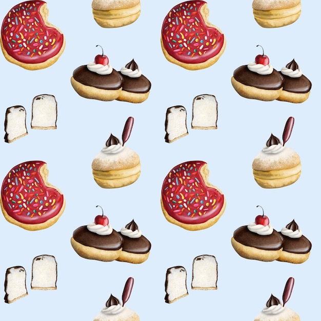 Donuts with red icing watercolor seamless pattern on light blue background for cafes, restaurants