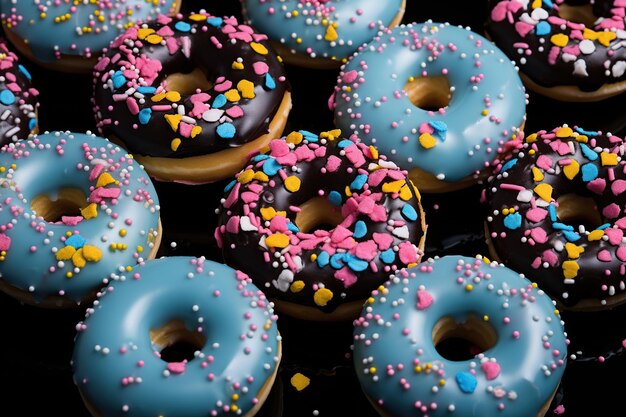 Donuts with sprinkles on a black background Closeup