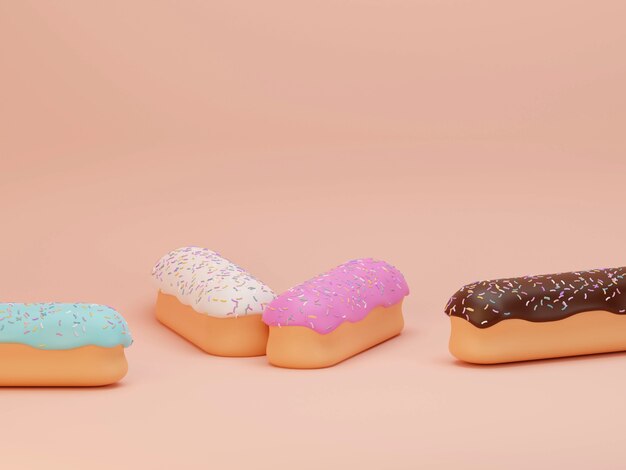 Donuts with sprinkles flying over on background  3D rendering