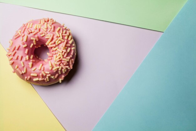 donuts with sprinkles and glaze on colorful background Flat lay donuts on a colorful background
