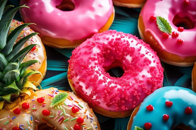 Donuts with a tropical theme featuring vibrant colors and exotic fruits