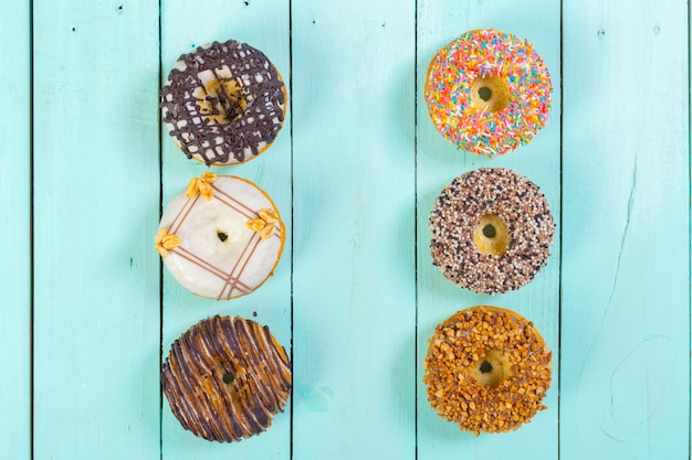 Donuts on wooden surface