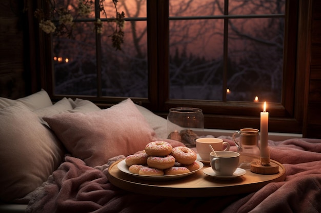 Foto donuts worden genoten als een late avond snack in een gezellige thuisomgeving