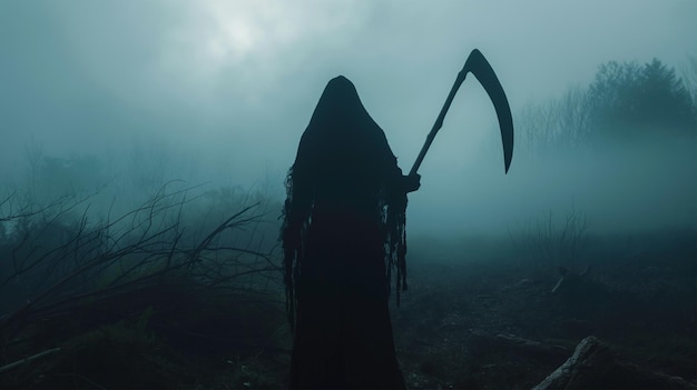Foto dood in de mist wandelende dood met de scythe donker en angstaanjagend verhaal