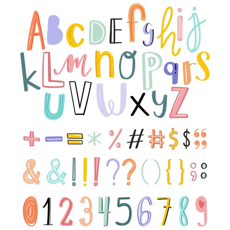 Foto doodle alfabet interpunctie cijfers png typografie set