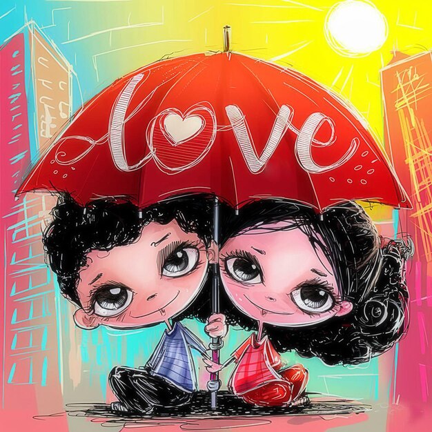 Doodle art a boy and a girl under a red umbrella