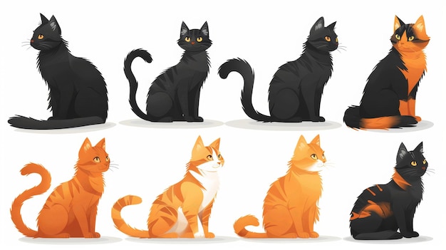 Doodle character collection of cartoon cats with flat colors in different poses Set of purebred pet animals isolated on white background