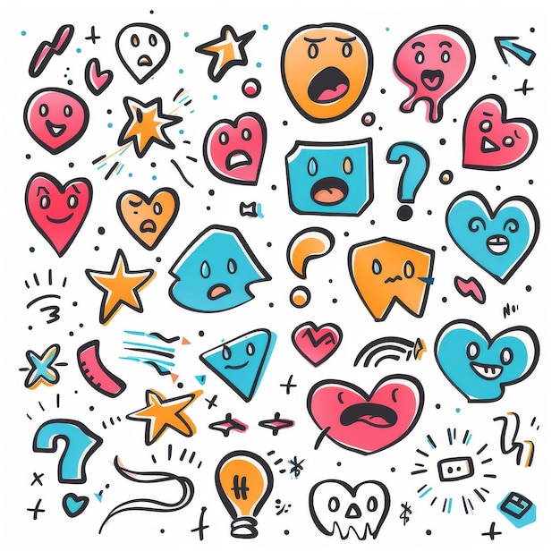 Photo the doodle expressions sign comic emotion effects manga hand drawn decorative emoticons elements expressive lines directional arrows sparkles heart question mark modern set