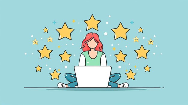 Photo doodle of a female user giving online feedback for services over the internet client positive or negative experience ranking stars linear modern illustration