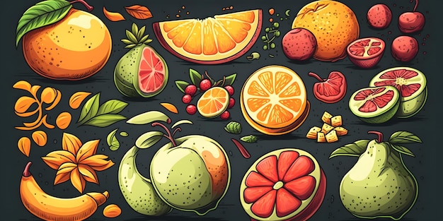 Doodle fruits Background Natural tropical fruit doodles citrus orange grape guava banana pear