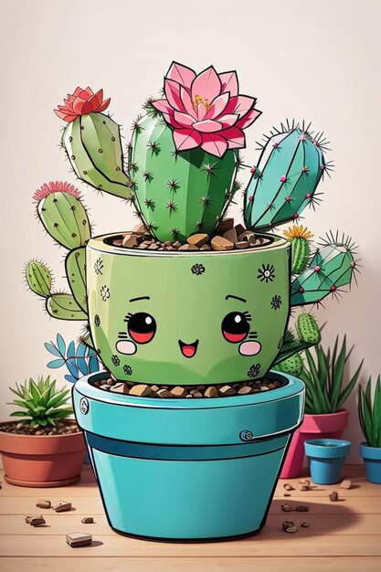 Foto cactus dei cartoni animati doodle kawaii in pentola