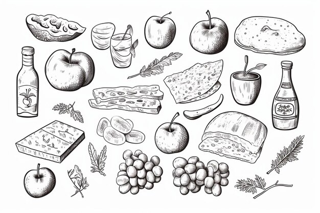 Photo a doodle of many foods and objects on a white background