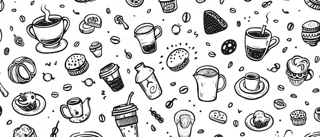 清潔な白い背景のコーヒーアイテムの筆で描かれた子タイプの絵