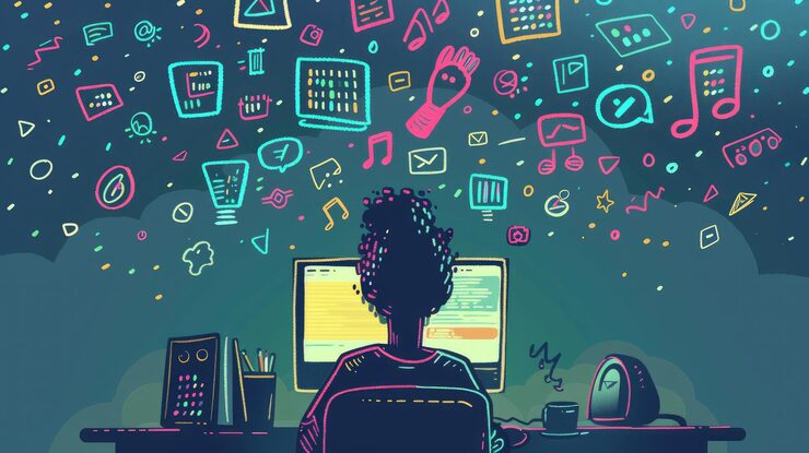Photo doodle of a person in front of a computer with floating objects like code snippets and programming icons symbolizing a coding tuto