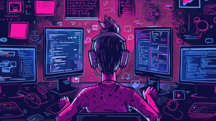 Photo doodle of a person in front of a computer with floating objects like code snippets and programming icons symbolizing a coding tuto