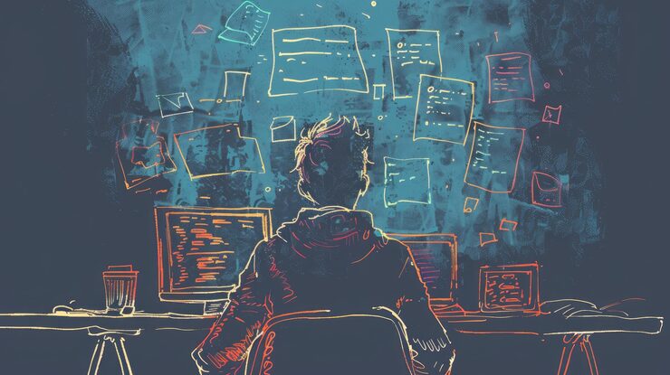 Photo doodle of a person in front of a computer with floating objects like code snippets and programming icons symbolizing a coding tuto
