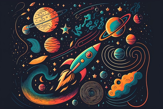 Doodle style cosmic background with hand drawn space planets stars and rockets