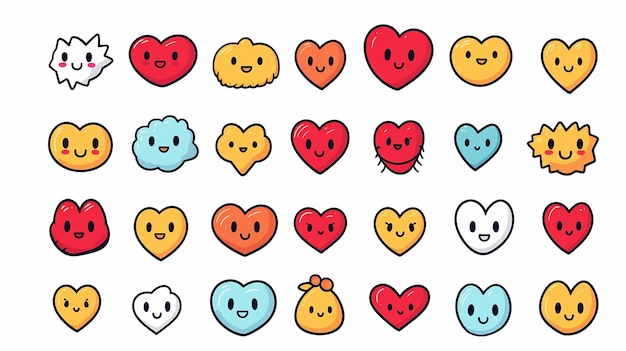 doodle style hearts in cute funny with cartoon kawaii style on white background