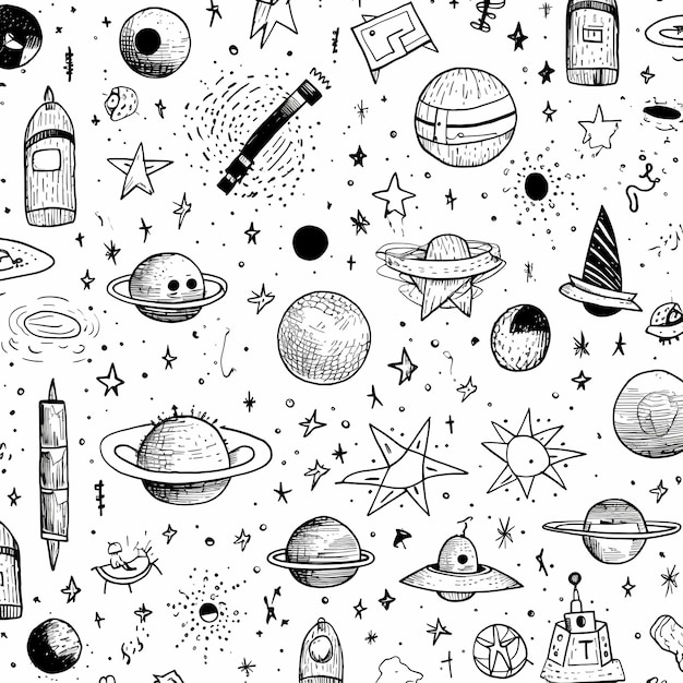 Photo doodle with stars planets minerals maths symmetry spaceshipsblack ink