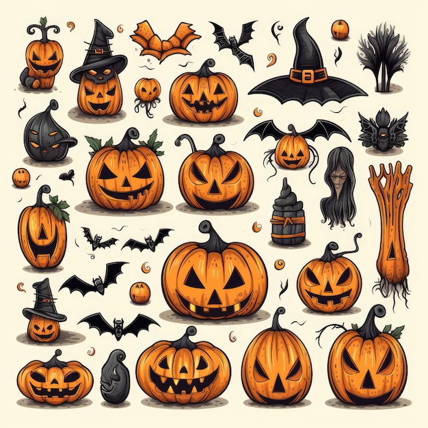 Doodled Halloween Een illustratie set van pompoen heks vleermuis op een witte achtergrond