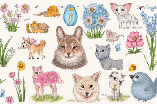 Doodles spring animals and elements ar 32 c 25