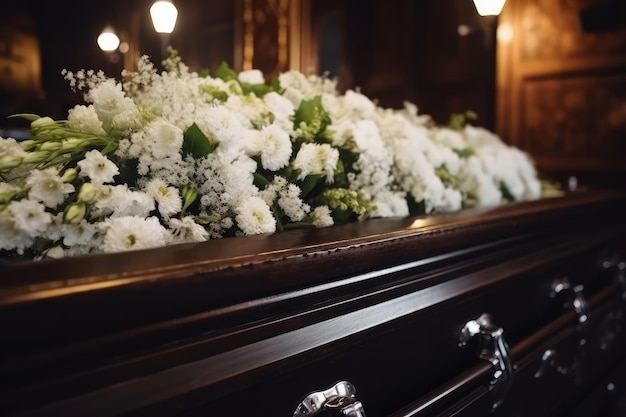 Doodskist in de kerk met witte bloemen Begrafenisceremonie