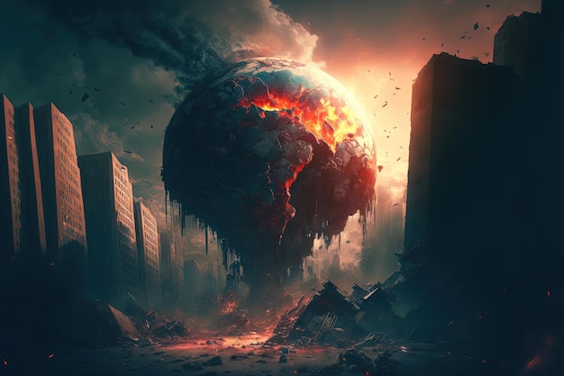 Photo doomsday scenario digital painting and world collapse