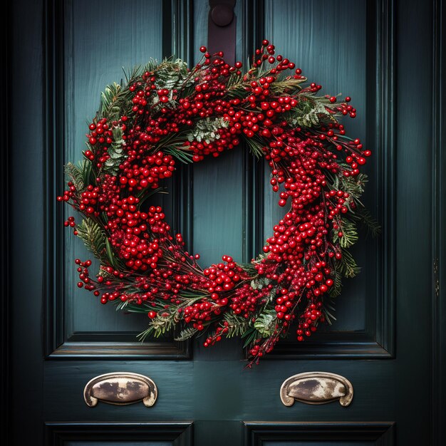 A door adorned with a fresh evergreen wreath dotted with bright red berries symbolizing the welcom