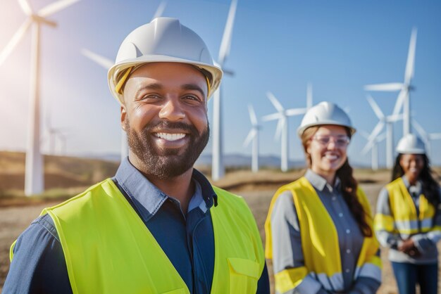 Door AI gegenereerd beeld van een groep ingenieurs op het gebied van windmolens Foto van hoge kwaliteit