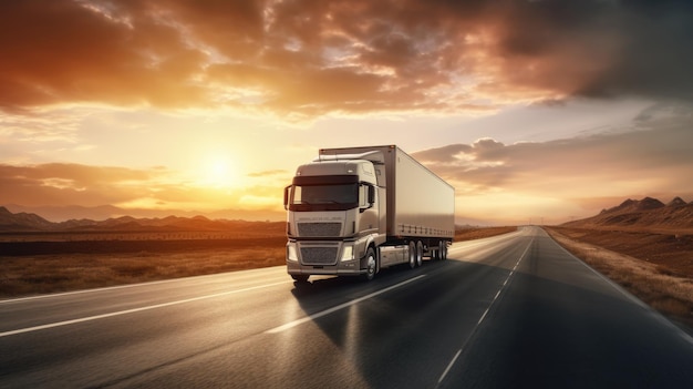 Door AI gegenereerd beeld van moderne grote aanhangwagen die bij zonsondergang over een lege weg rijdt Logistiek bedrijf Vrachtvervoer Snelle levering