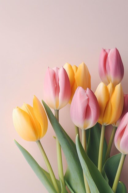 Door AI gegenereerde close-up van levendige tulpen op een gekleurde achtergrond