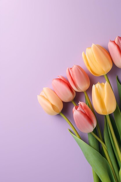 Door AI gegenereerde close-up van levendige tulpen op een gekleurde achtergrond