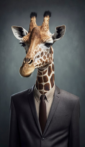 Door AI gegenereerde illustratie van een giraffe in een pak tegen een donkere achtergrond