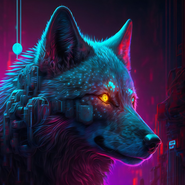 Door AI gegenereerde illustratie van een wolf in cyberpunkstijl.