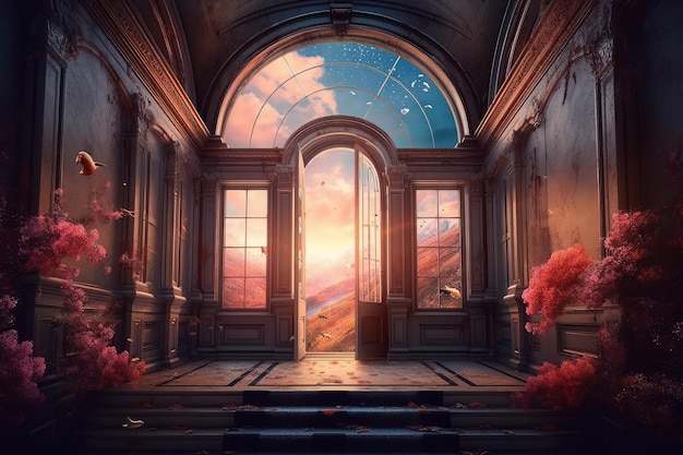 A door in a building with a sky and stars on it