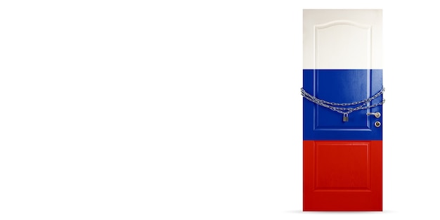 Photo door colored in russia national flag locking with chain countries lockdown during coronavirus