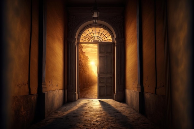 A door in a corridor with side columns and the setting sun