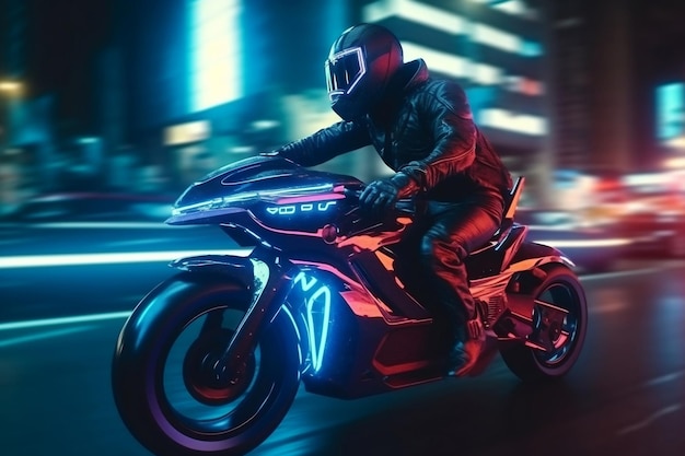 Door Cyberpunk ontworpen motorfiets met woedende rijder op generatieve ai met hoge snelheid
