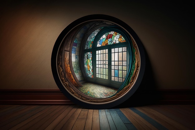 A door in a dark room with a stained glass window.