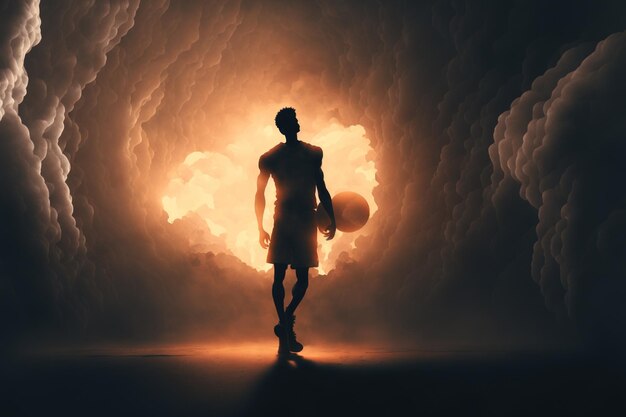 Door de zon geïnspireerd silhouet van een basketbalspeler