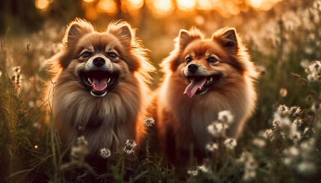 Door de zon gekuste pups spelen in de wei, gehoorzaam aan de natuurschoon gegenereerd door AI