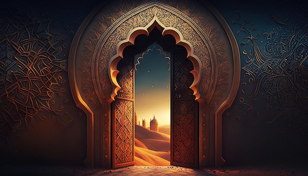 A door to the desert with a golden sun behind it.