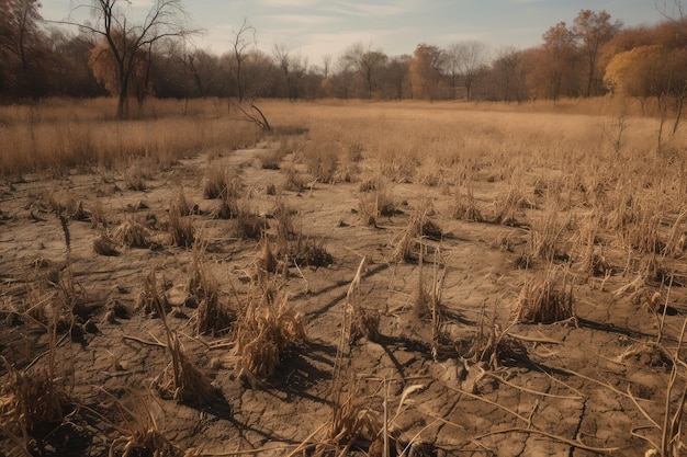 Foto door droogte geteisterd veld met gedroogde gewassen en dode planten gemaakt met generatieve ai