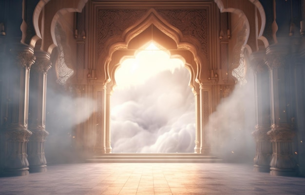 A door in a fantasy castle with a cloud background