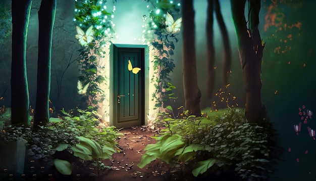 A door in a forest with a butterfly on the door