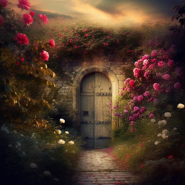 A door to a garden with roses on it