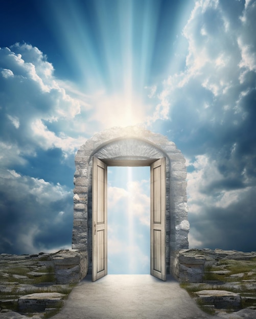 A door to heaven with a sky background