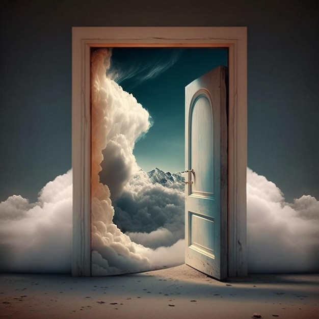 A door is open to the clouds and the sky is a cloud.